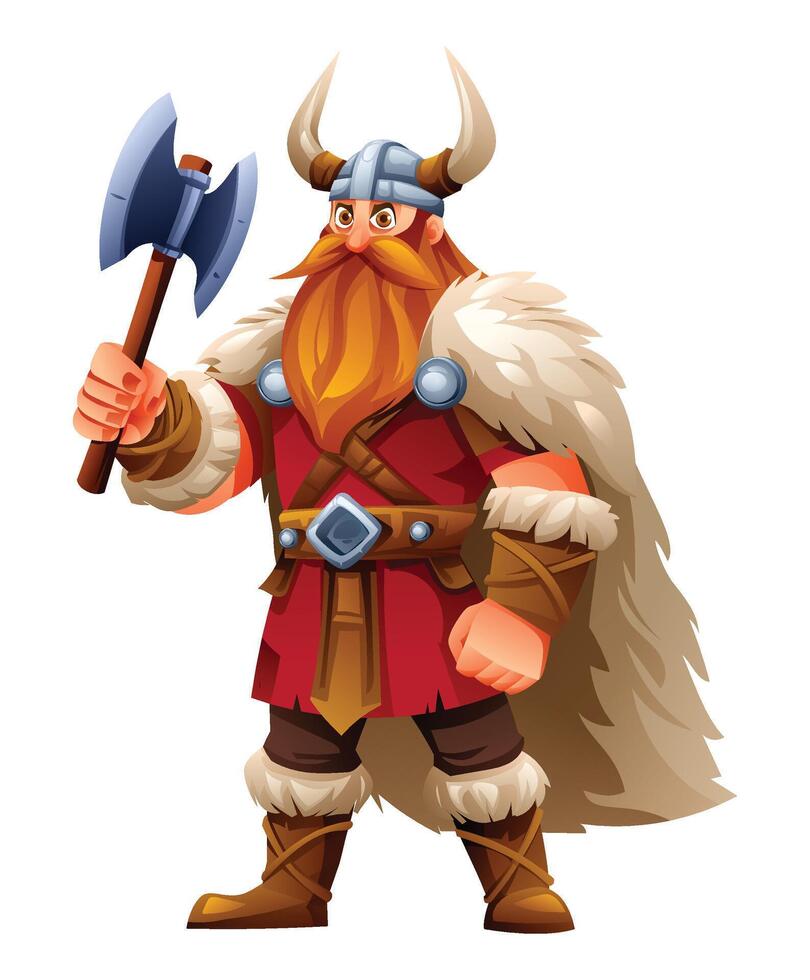 Viking character holding an axe with red tunic, fur, and horns. Cartoon illustration vector