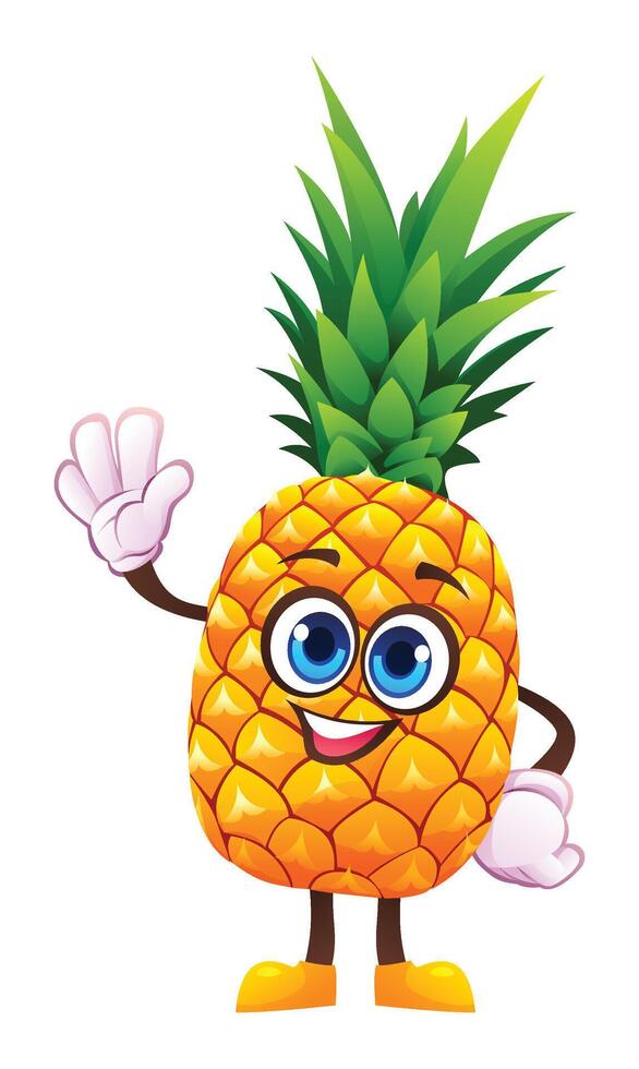 Cute pineapple character waving happily. Cartoon illustration vector