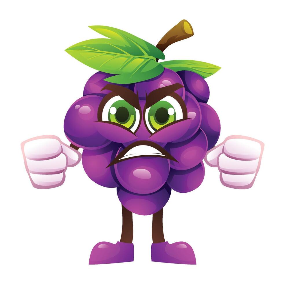 Angry grape character with clenched fists, expressing frustration. Cartoon illustration vector