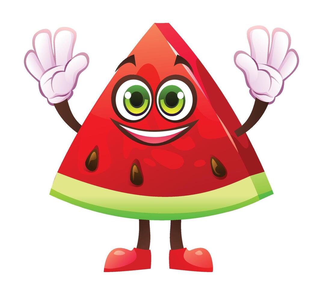 Watermelon slice character raising hands, full of excitement. Cartoon illustration isolated on white background vector