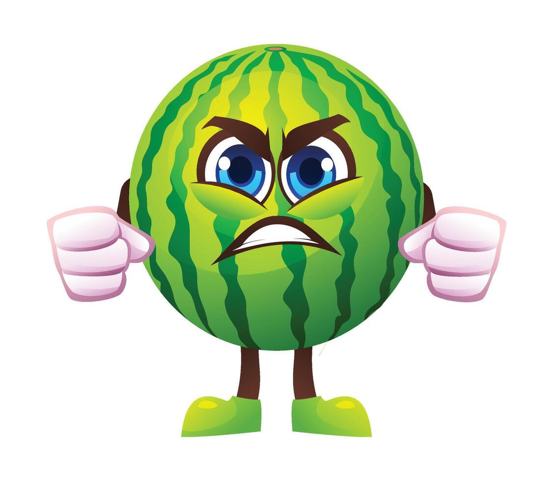 Angry watermelon character with clenched fists, expressing frustration. Cartoon illustration vector