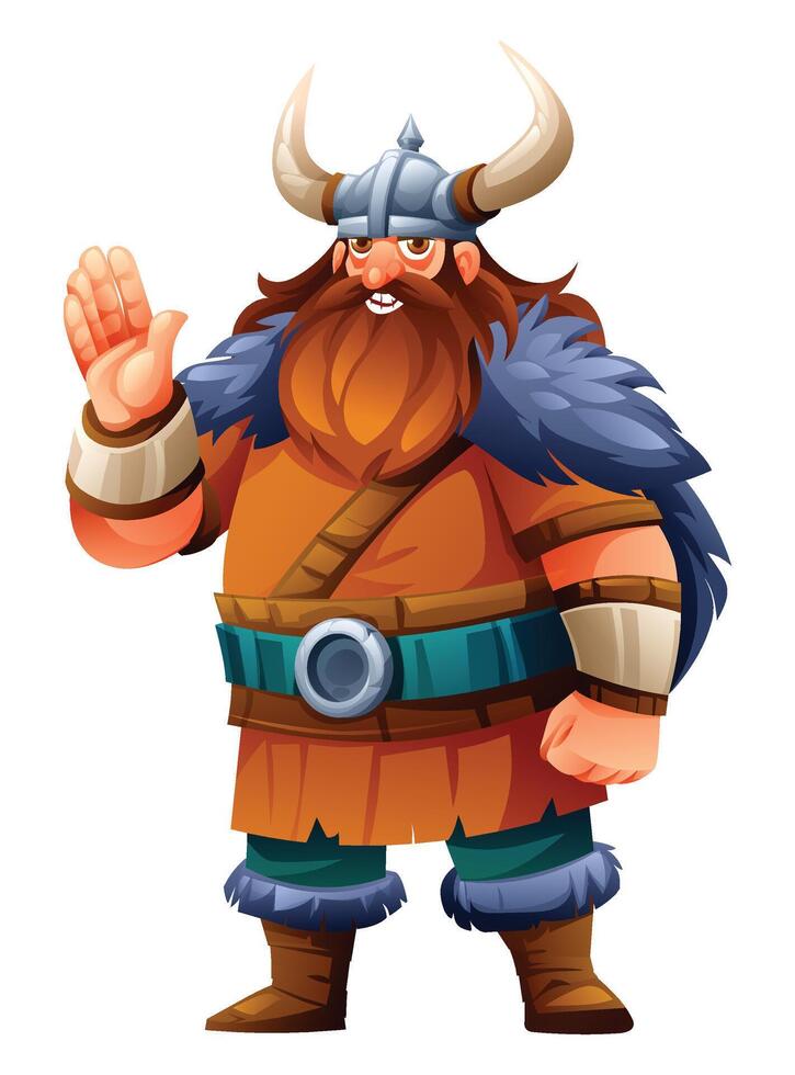 Viking character with tunic, fur, and horns, waving hand. Cartoon illustration vector