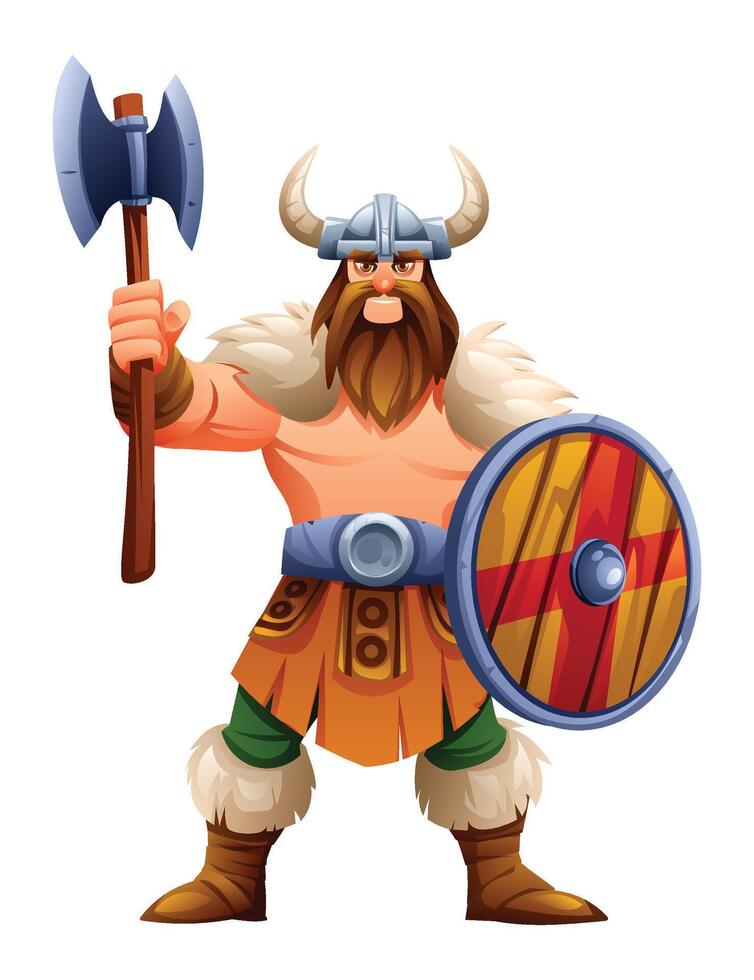 Viking character with axe and shield in battle stance. Cartoon illustration vector