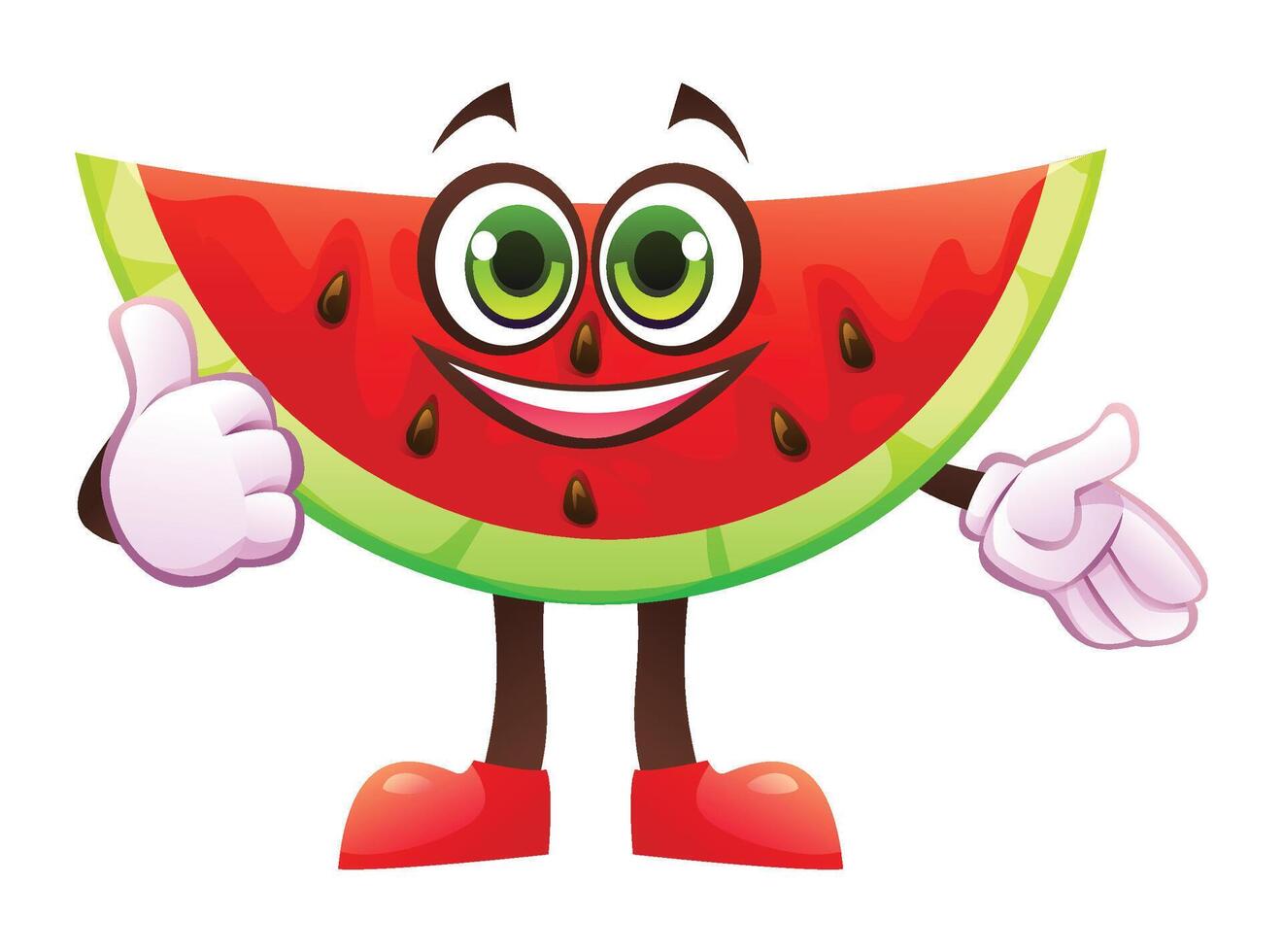 Cute watermelon slice character giving a thumbs up with smile, showing approval. Cartoon illustration vector