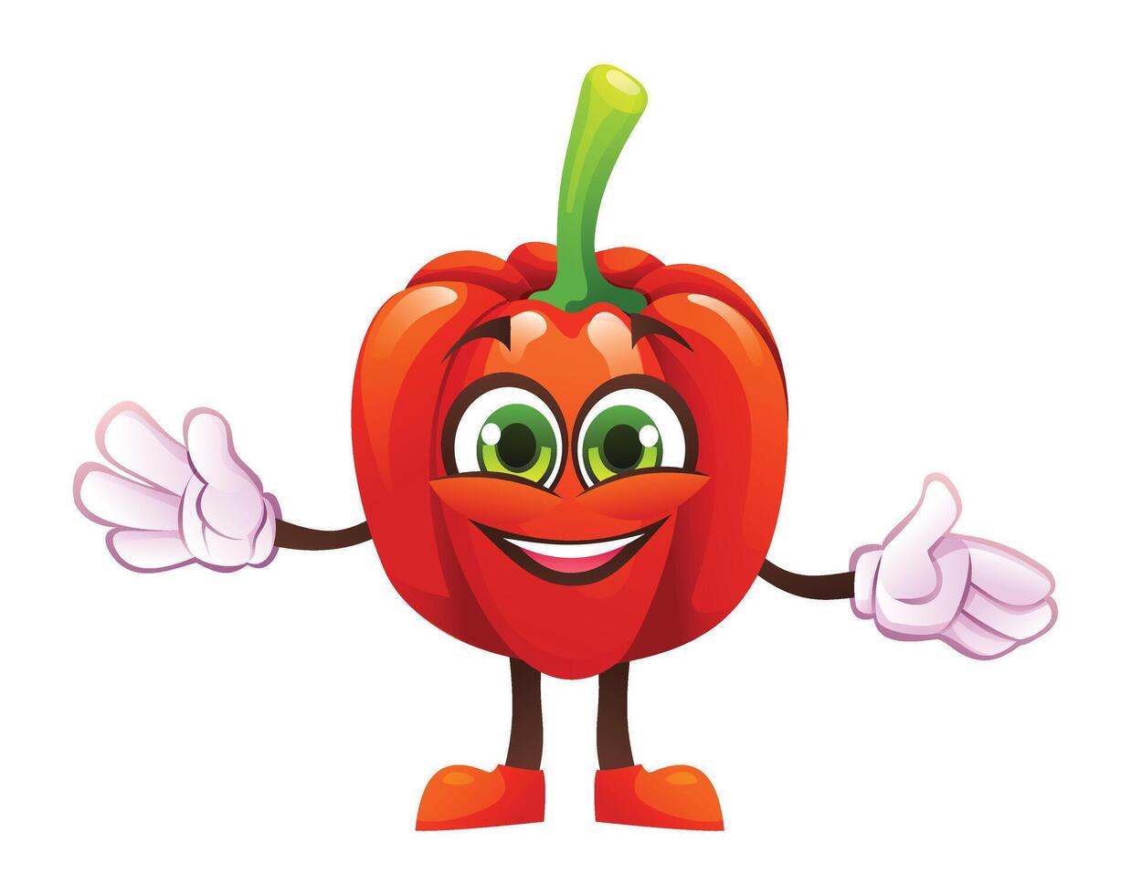 Cute red pepper character with open arms, welcoming and cheerful. Cartoon illustration vector