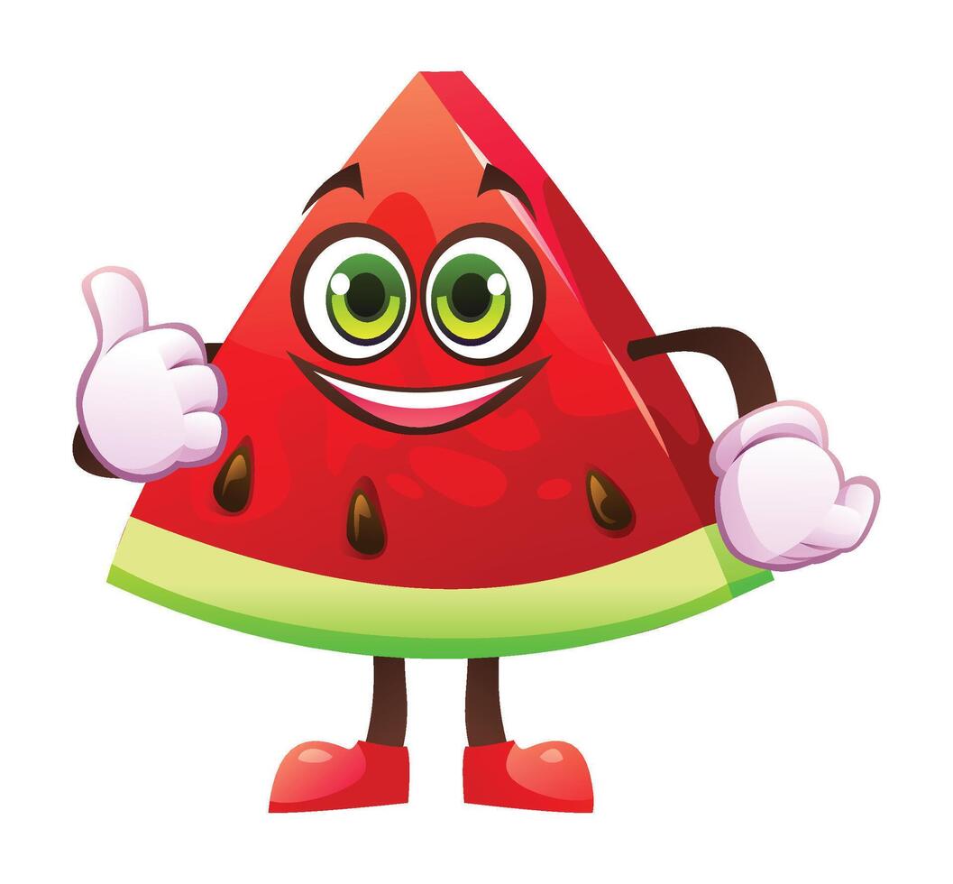 Cute watermelon slice character giving a thumbs up with smile, showing approval. Cartoon illustration isolated on white background vector