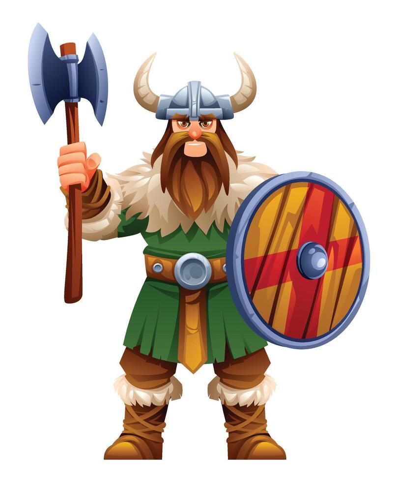 Viking character with green tunic, fur, and horns holding an axe and shield. Cartoon illustration vector