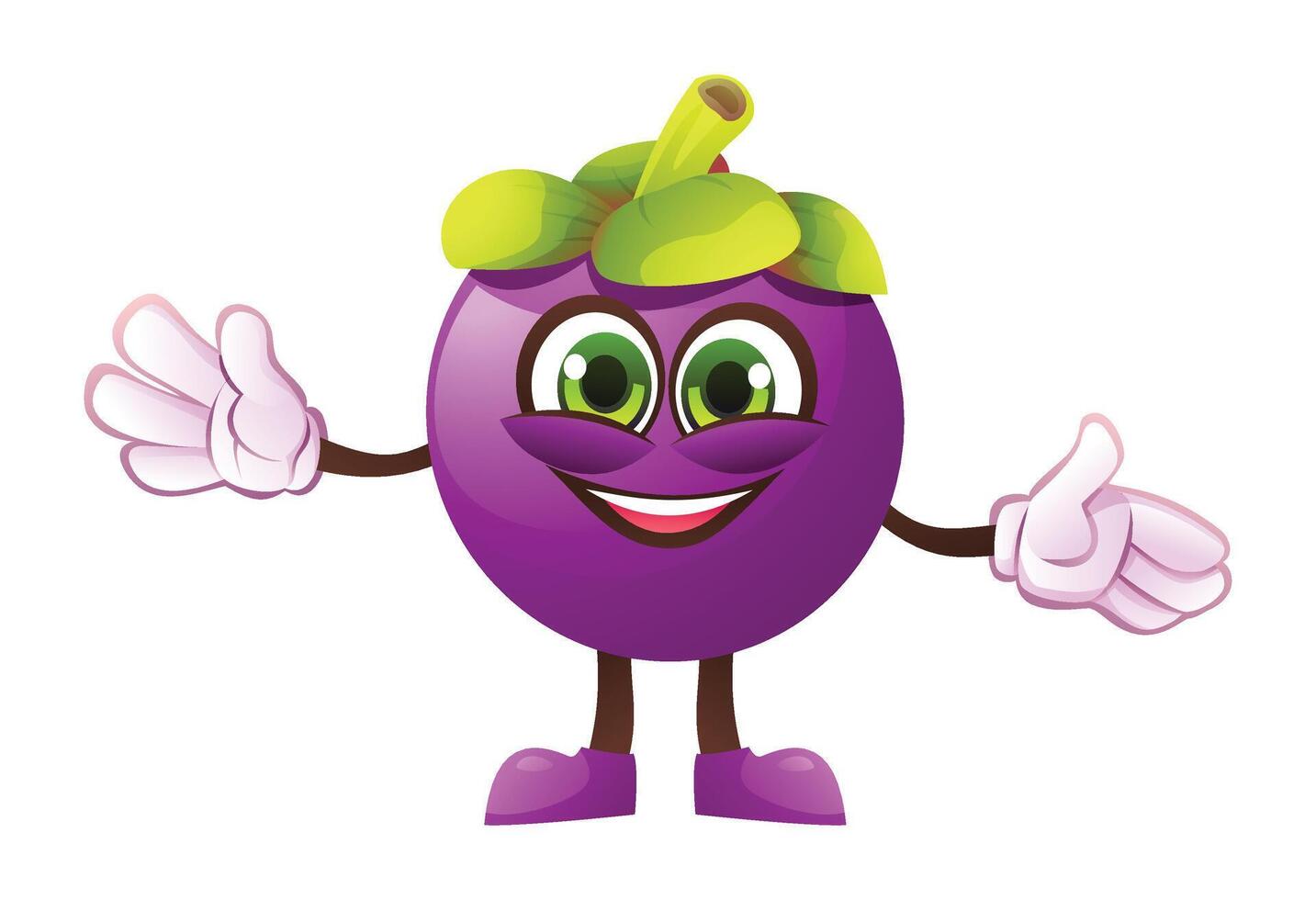 Cute mangosteen character with open arms, welcoming and cheerful. Cartoon illustration vector