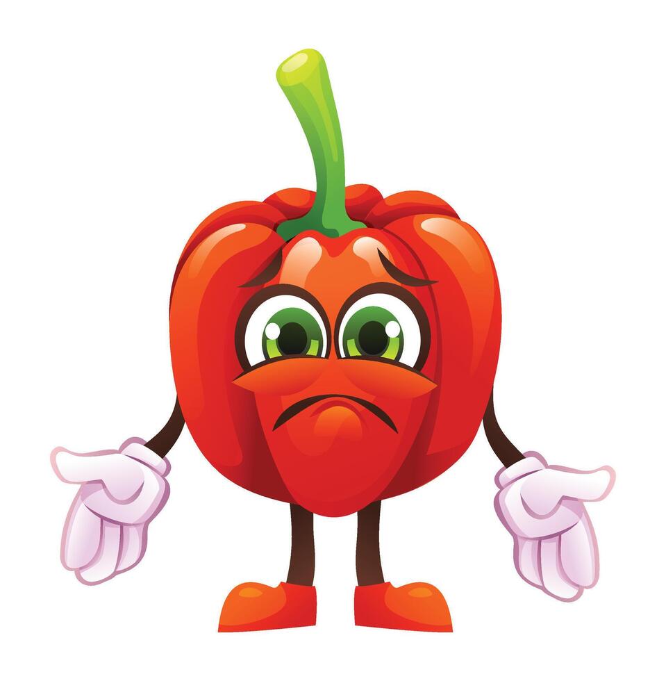 Sad red pepper character, expressing disappointment. Cartoon illustration vector