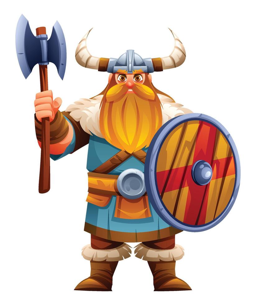 Viking character with axe and shield, ready for battle. Cartoon illustration vector