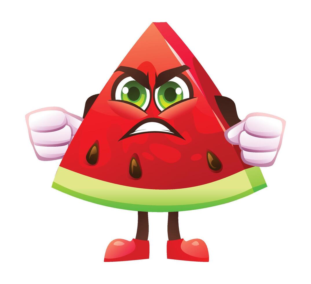 Angry watermelon slice character with clenched fists, expressing frustration. Cartoon illustration isolated on white background vector