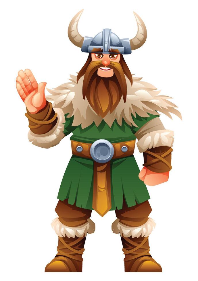 Viking character with green tunic, fur, and horns, waving hand. Cartoon illustration vector