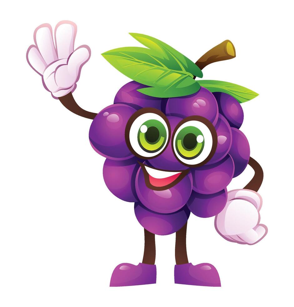 Cute grape character waving happily. Cartoon illustration vector