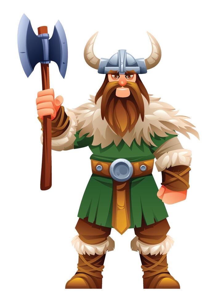 Viking character with green tunic, fur, and horns holding an axe. Cartoon illustration vector