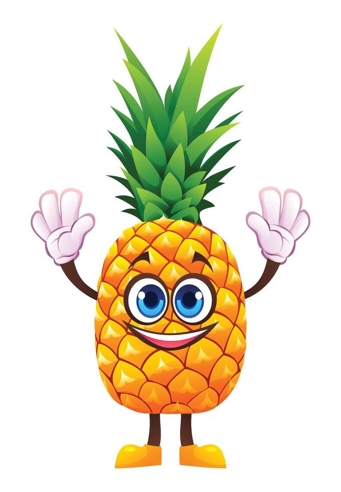 Pear pineapple raising hands, full of excitement. Cartoon illustration vector