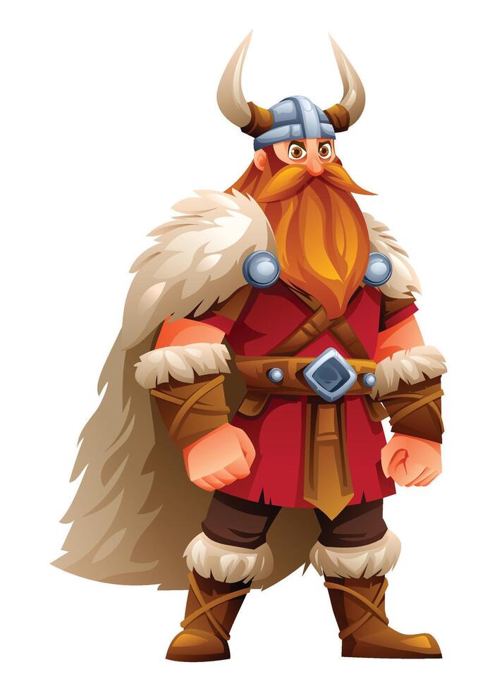 Viking character with red tunic, fur, and horns, standing proudly. Cartoon illustration vector