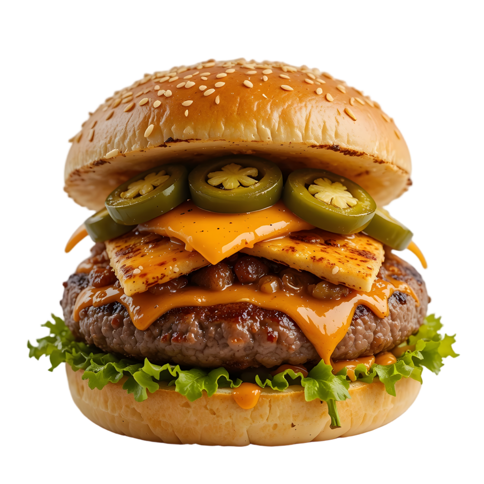 a hamburger with cheese and jalapenos on it png