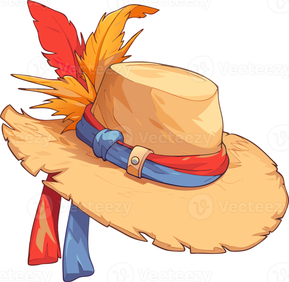 Straw Hat with Feathers and Ribbons, Rustic Fashion Concept png