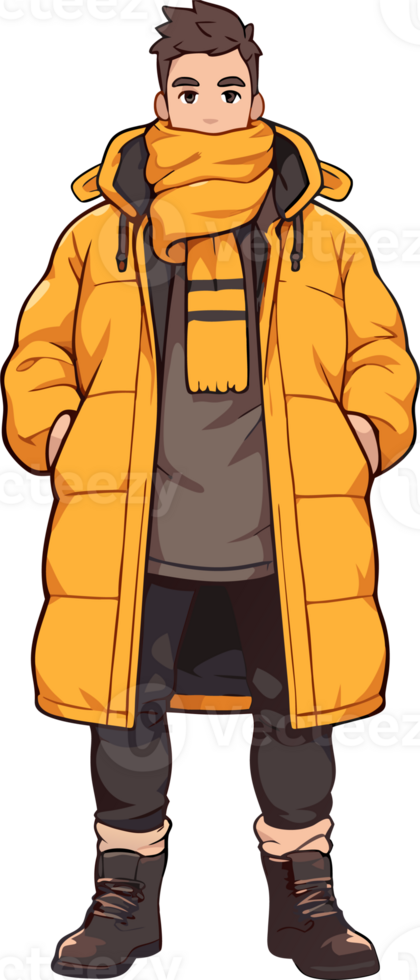 Young Man Standing Calmly in Warm Outfit, Winter Fashion Concept png