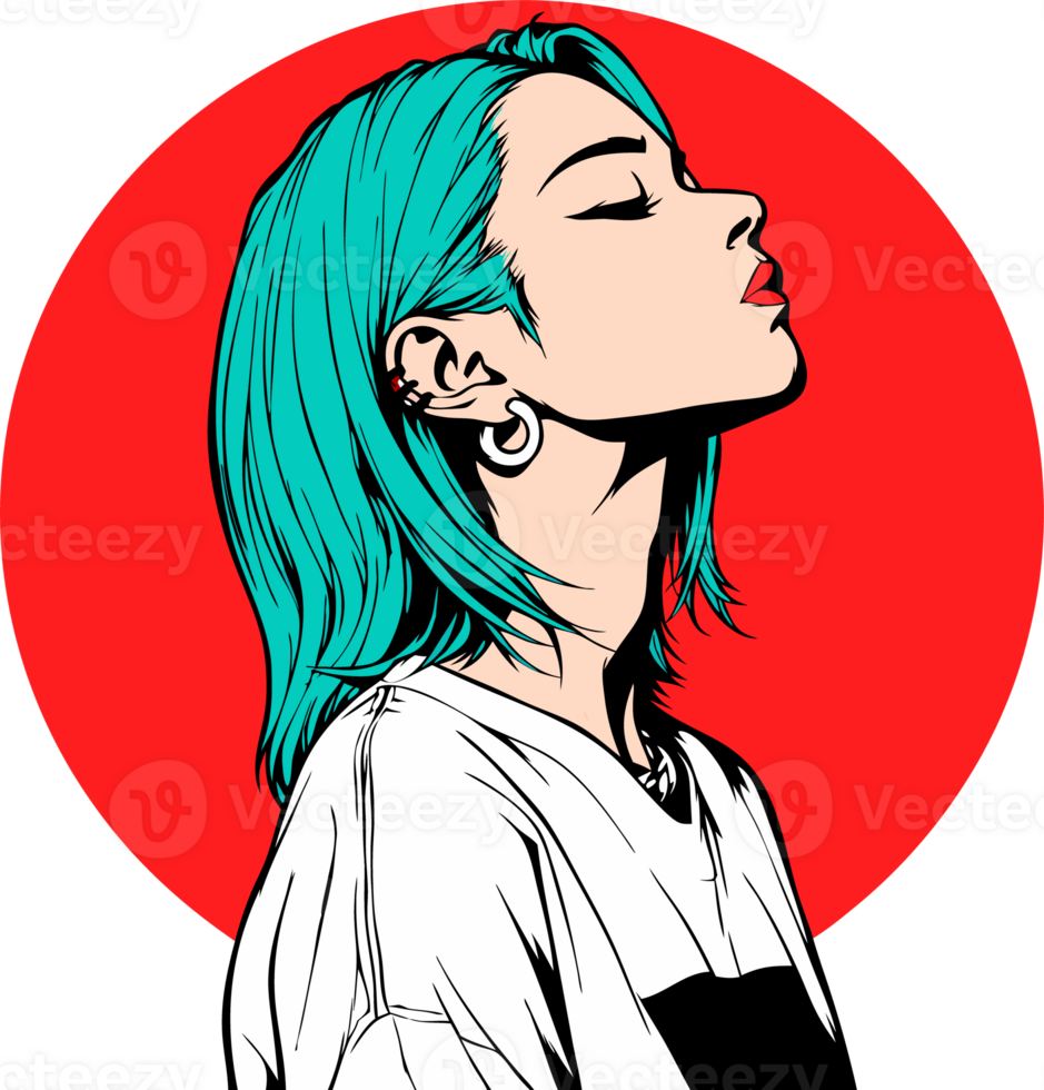 Vibrant Pop Art Portrait of Woman with Blue Hair Against Bold Red Circle Background png