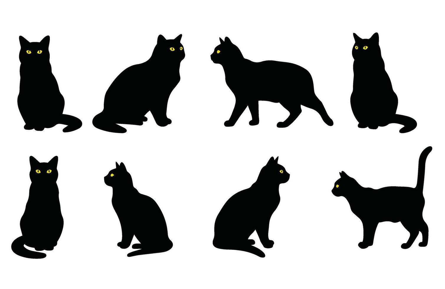 Black Cat Silhouettes with Yellow Eyes in Different Stances vector