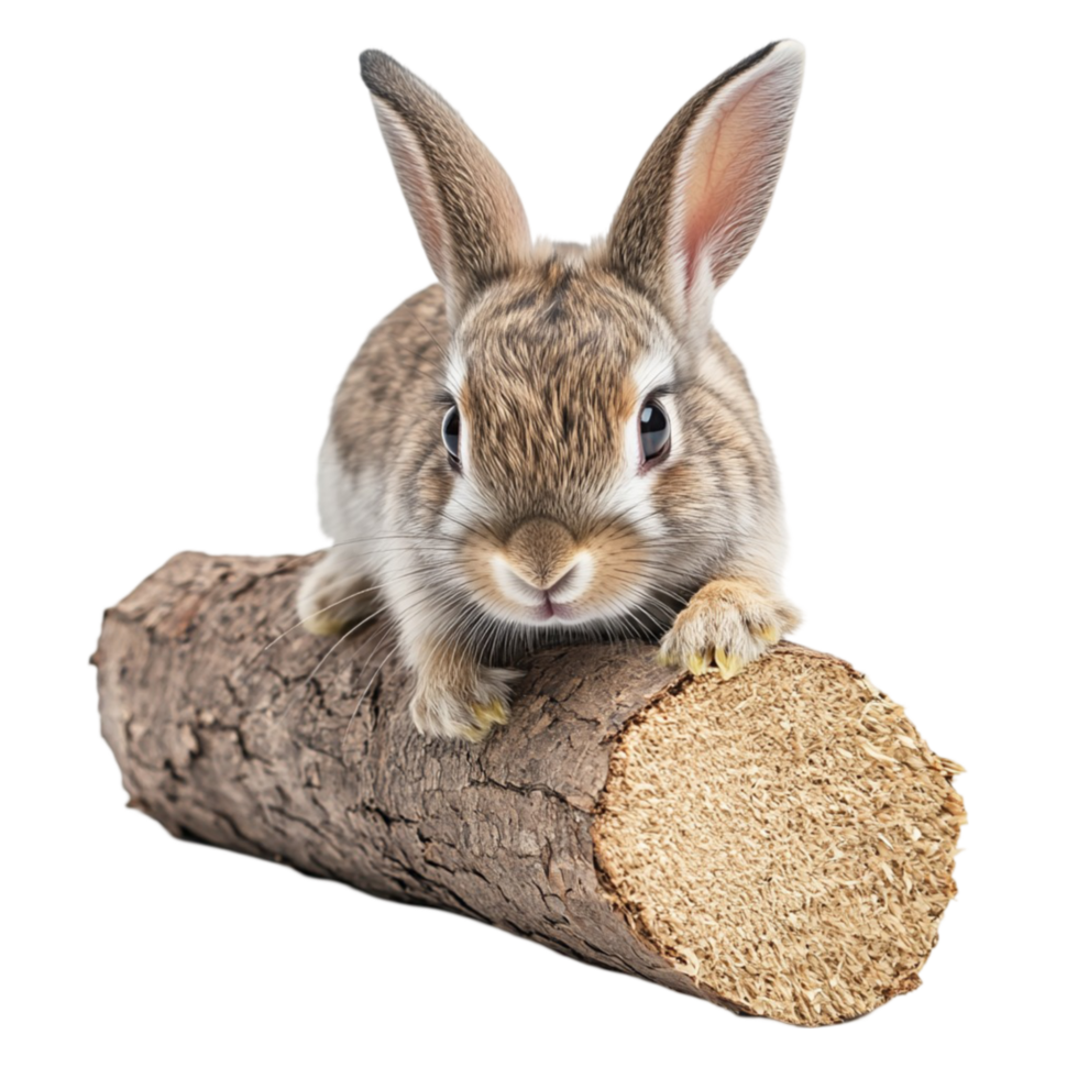 Brown Rabbit Resting on a Wooden Log png