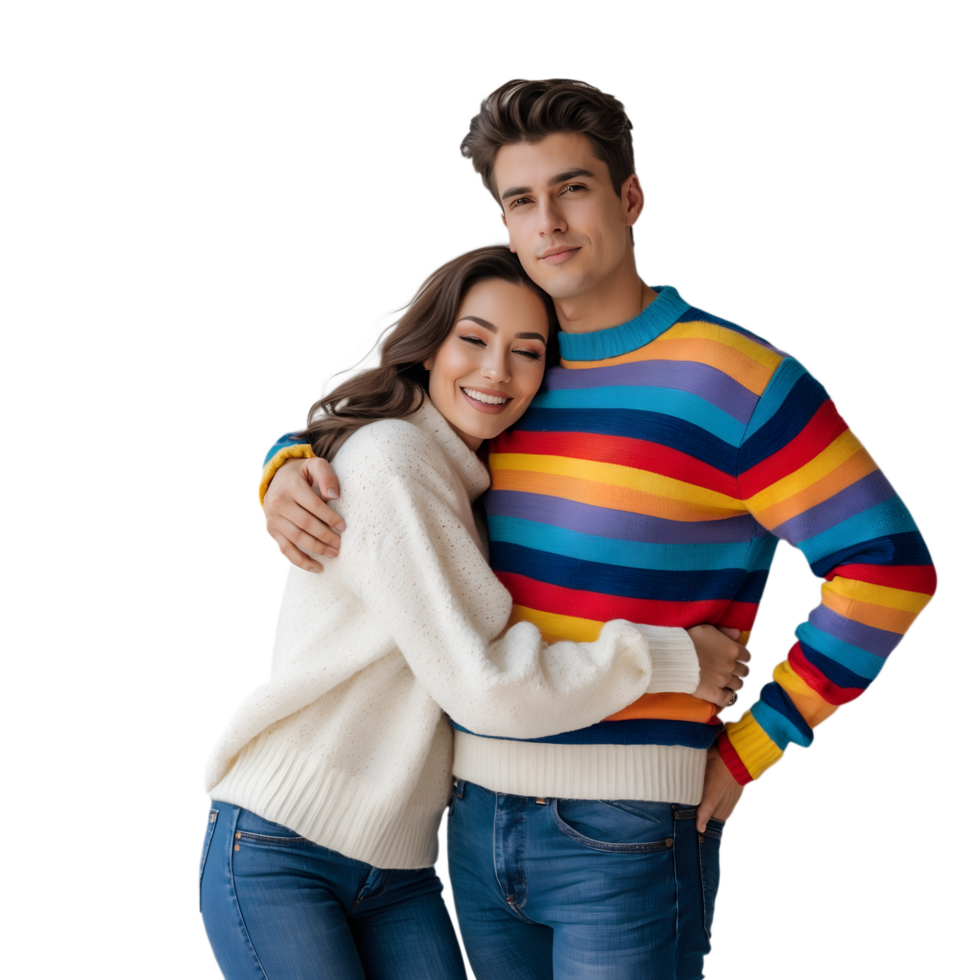 A man and woman in a colorful sweater hugging png
