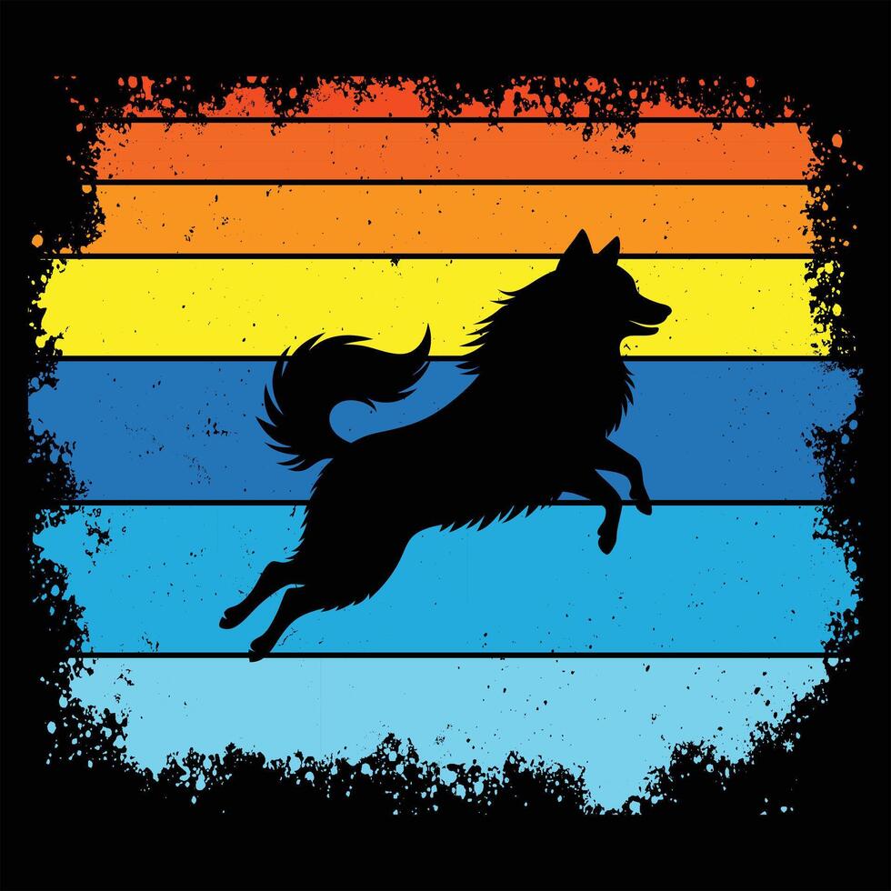 Silhouette of Keeshond Dog With Sunset in Retro Style vector