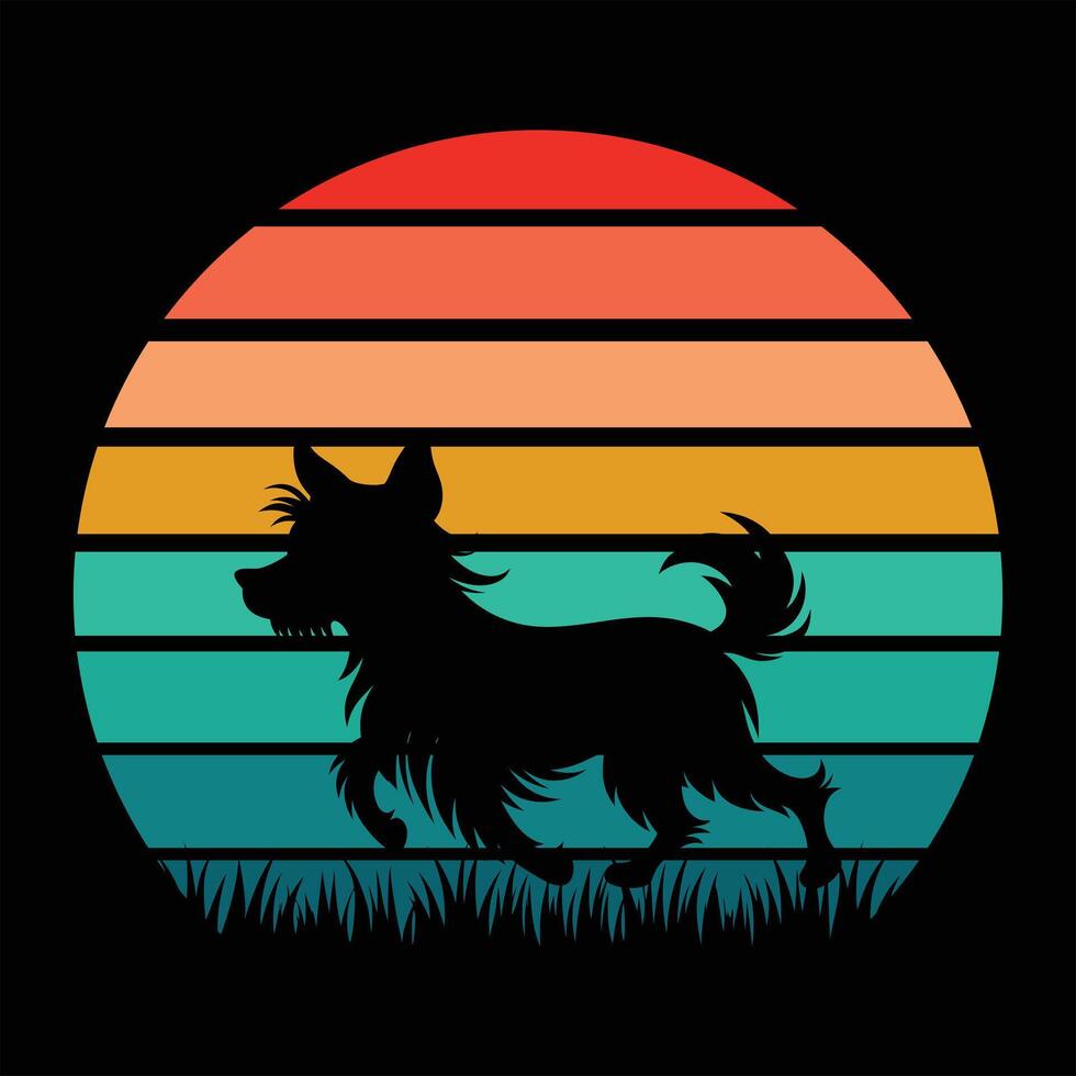 Silky Terrier Dog Silhouette in Retro Sunset Background Art vector