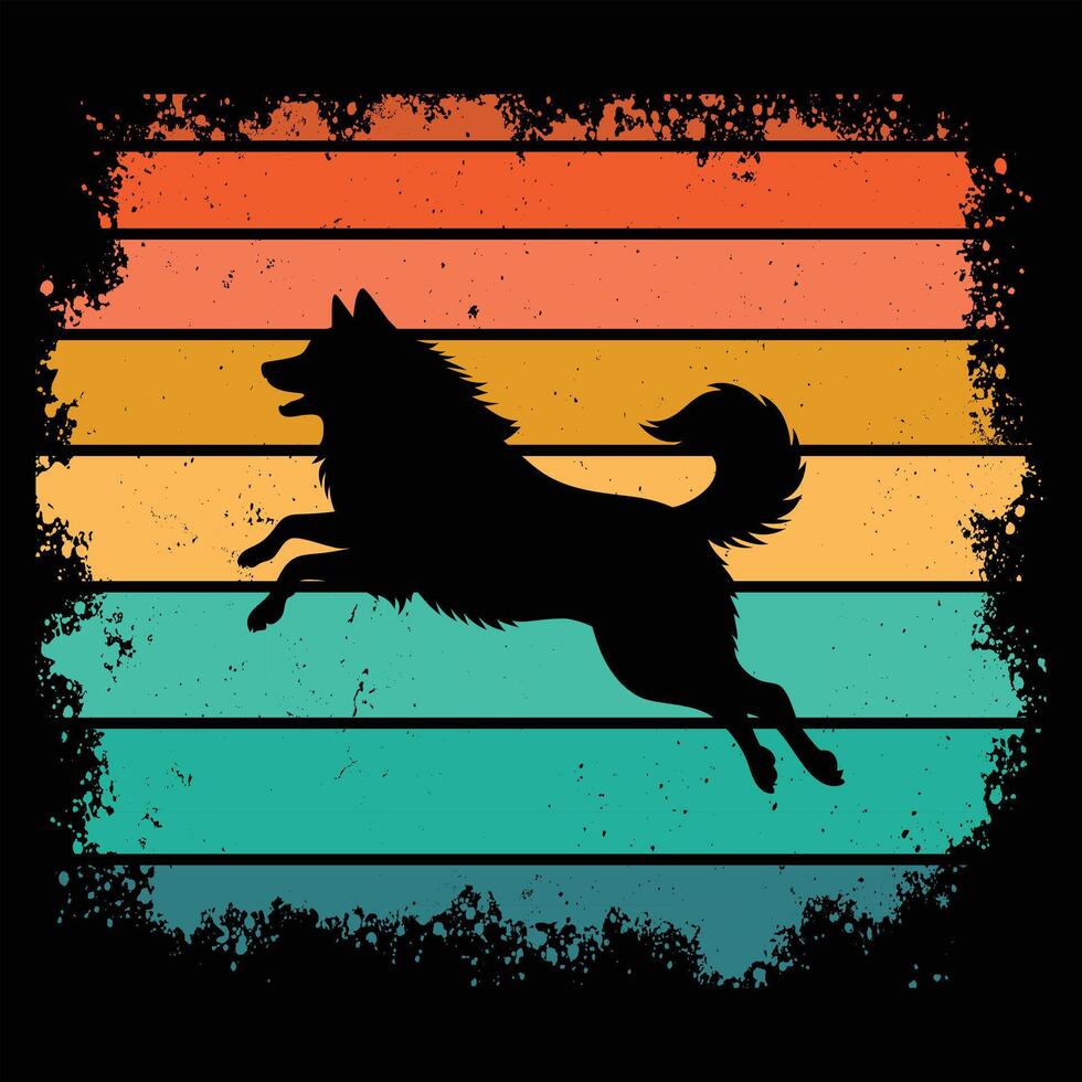 Keeshond Silhouette with Retro Sunset Scene vector