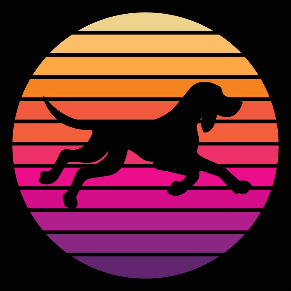 Coonhound Dog Silhouette with Vibrant Retro Sunset Background vector