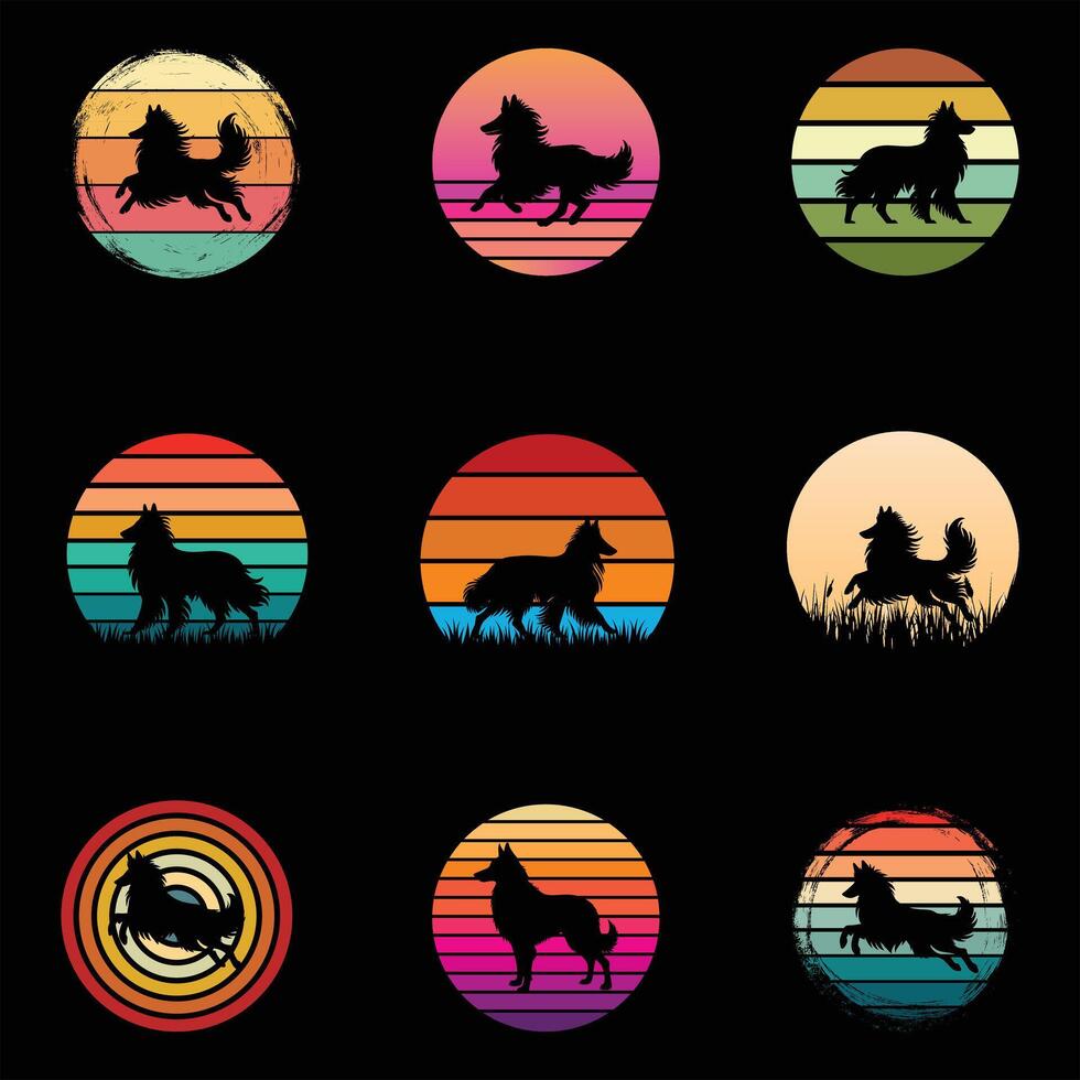 Belgian Shepherd Dog Silhouette With Retro Sunset Design Bundle vector