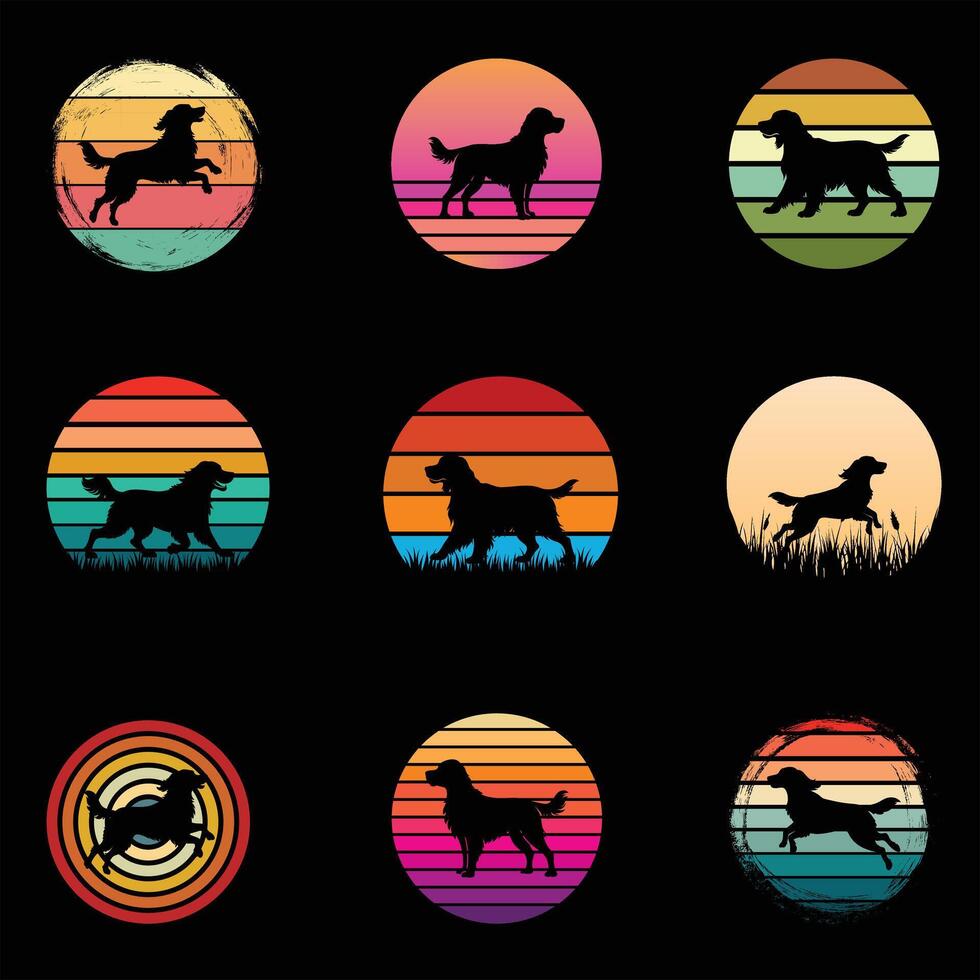 Set of Retro Illustration of Clumber Spaniel Against a Sunset vector