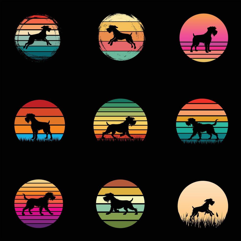 Sunset Sentinel Wirehaired Pointing Griffon Dog Silhouette Retro Touch Bundle vector