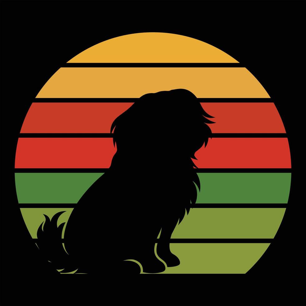 Retro Aesthetic Lhasa Apso Dog Silhouette with Sunset Scene vector