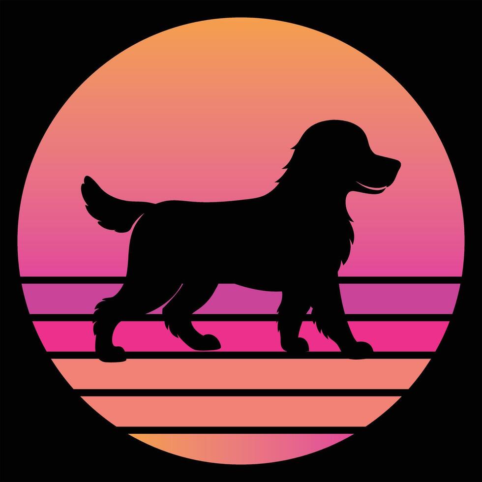American Water Spaniel Dog in Silhouette with Retro Sunset Backdrop vector