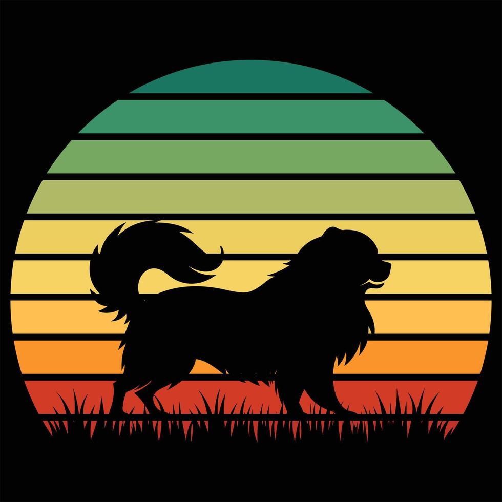 Japanese Chin Dog and Sunset in Retro Illustration Style vector