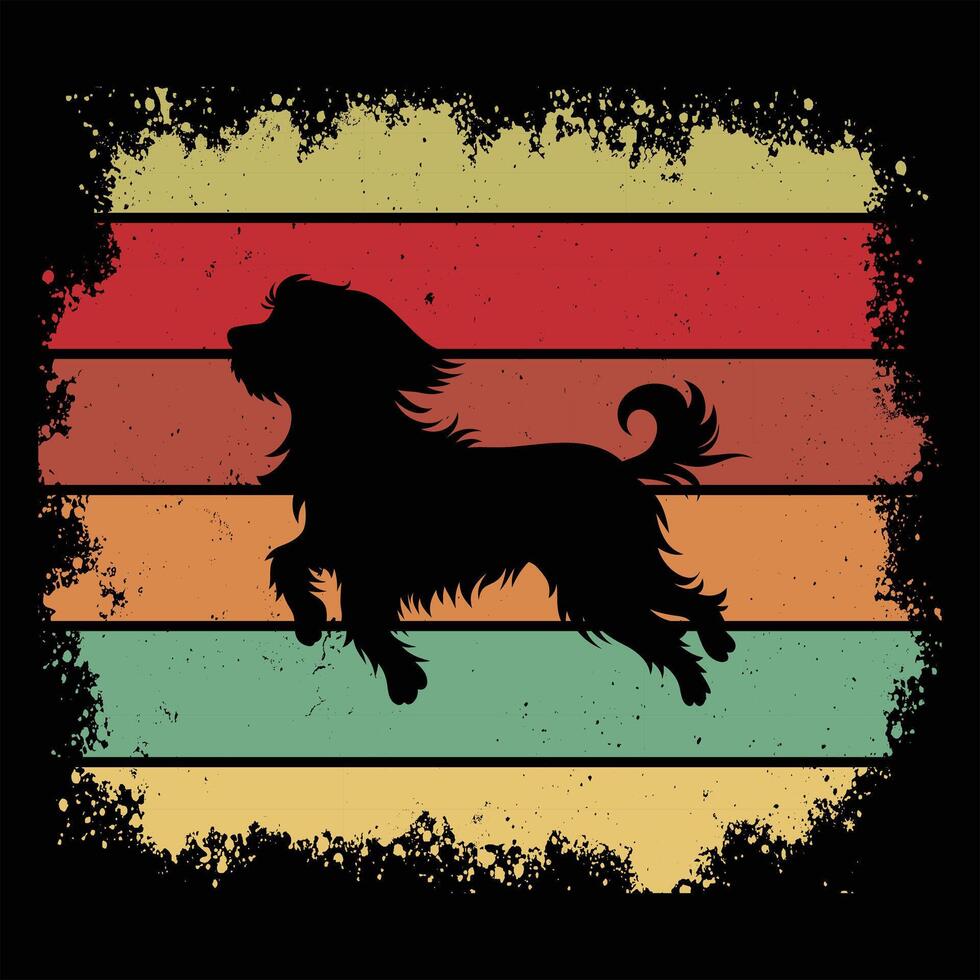 Retro Sunset Vibes With Tibetan Terrier Dog Silhouette vector