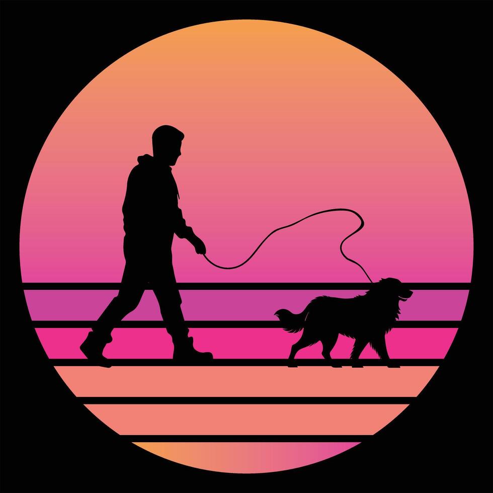 Leonberger Dog With Sunset in Retro Style vector