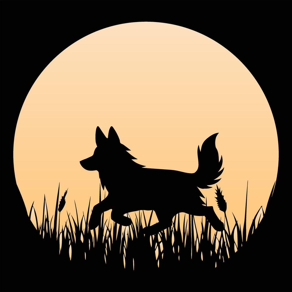 Swedish Vallhund Silhouette on Retro Sunset Horizon vector