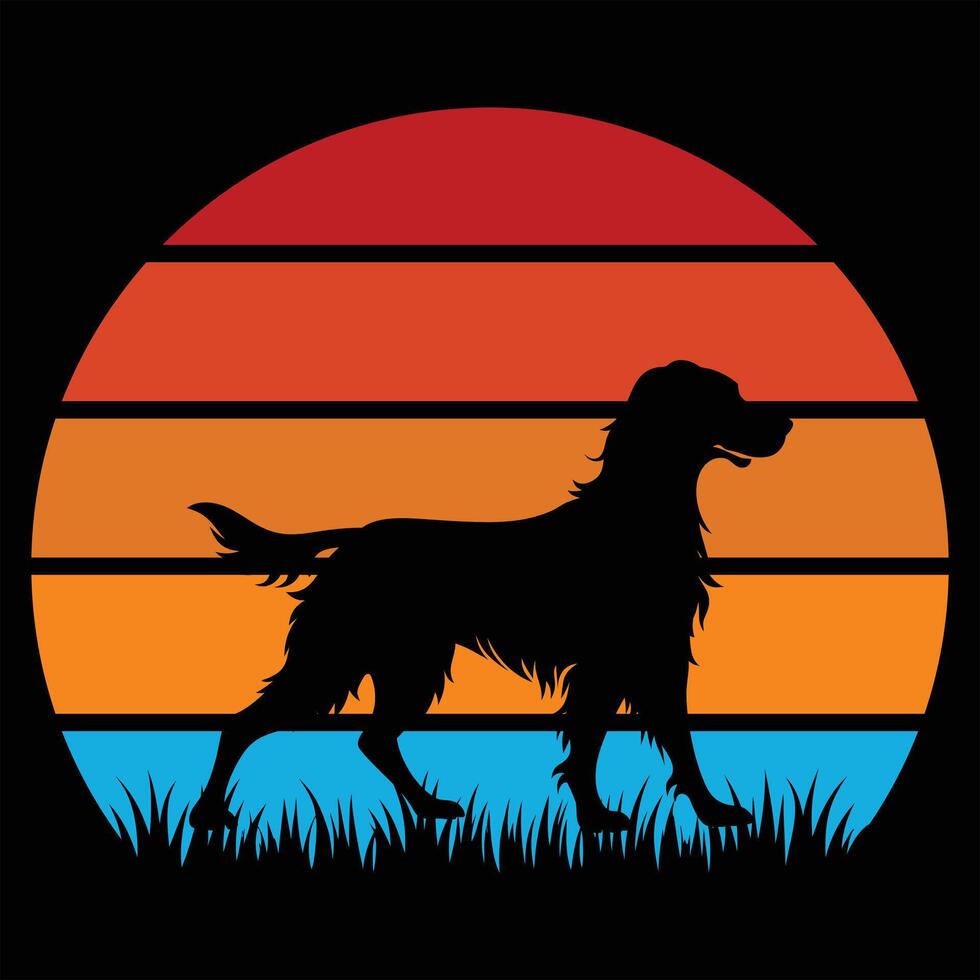 Vintage Style English Setter Dog Silhouette with Retro Sunset vector
