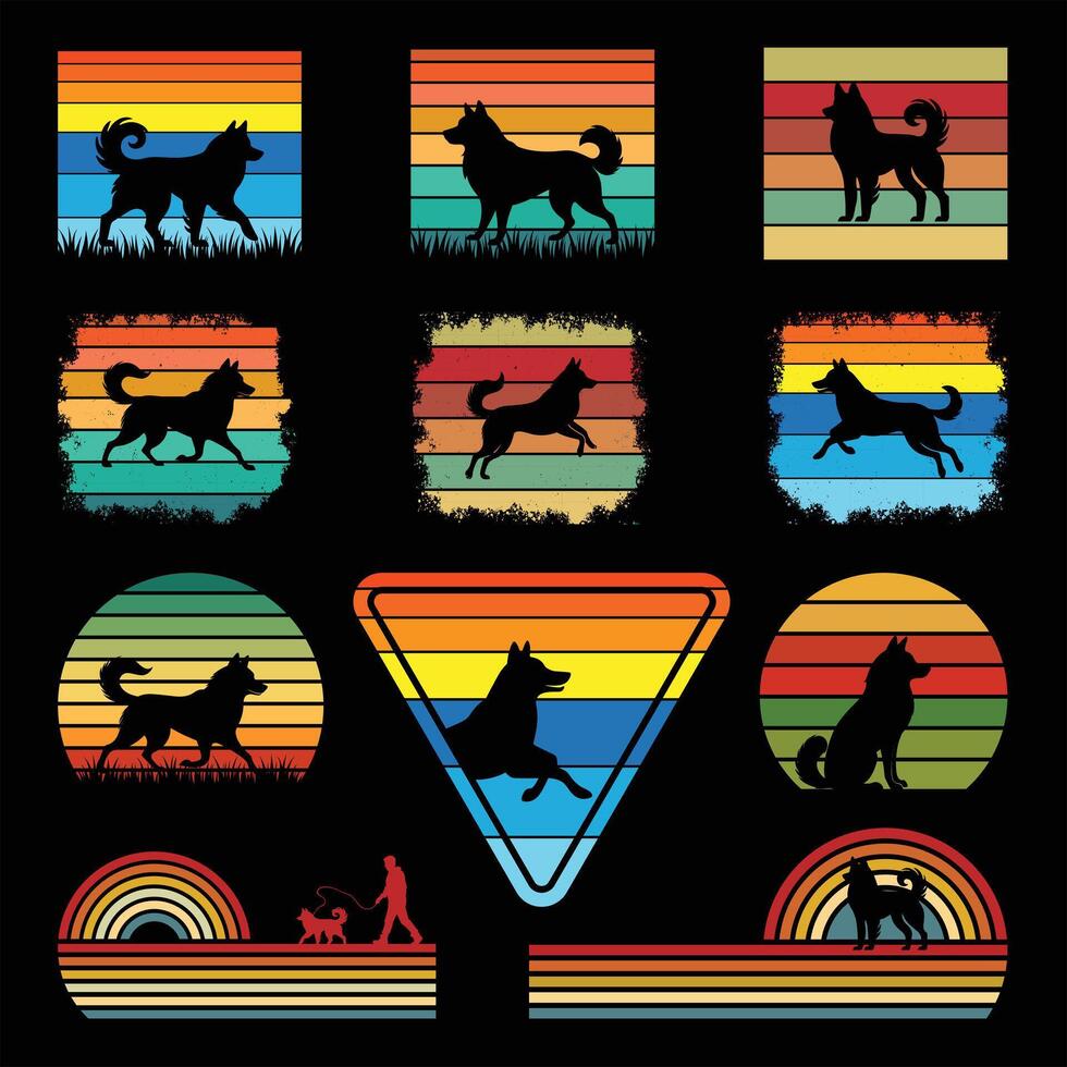 Artistic Retro Sunset Design Featuring a Norwegian Elkhound Dog Silhouette Bundle vector
