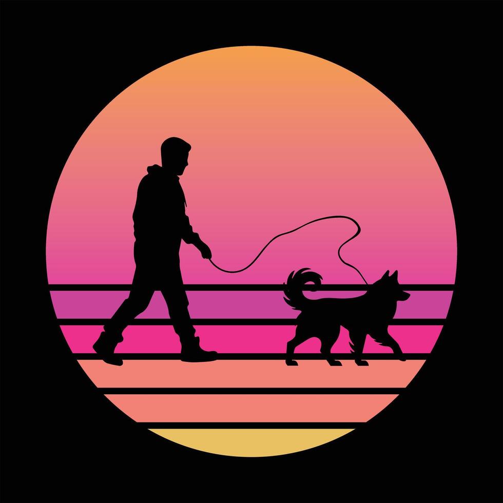 Sunset-Themed Retro Illustration of a Norwegian Elkhound Dog vector
