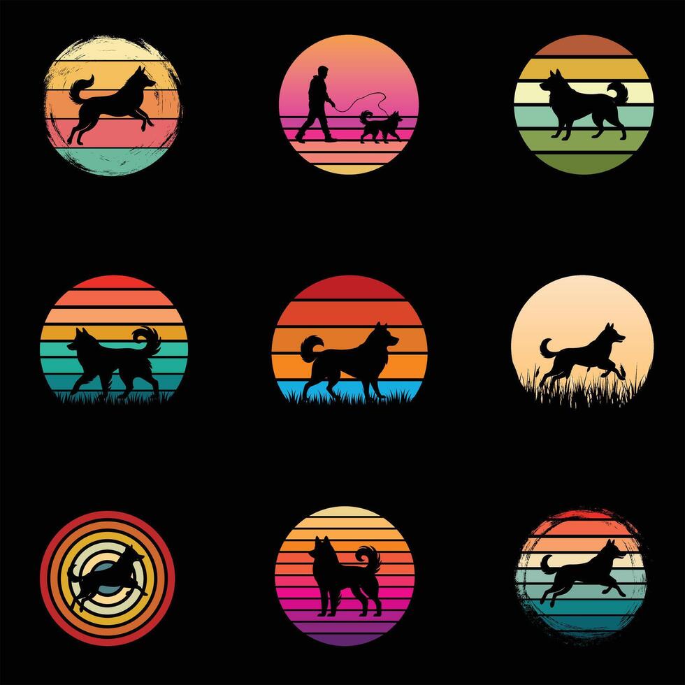 Nostalgic Sunset-Themed Retro Illustration with Norwegian Elkhound Silhouette Bundle vector