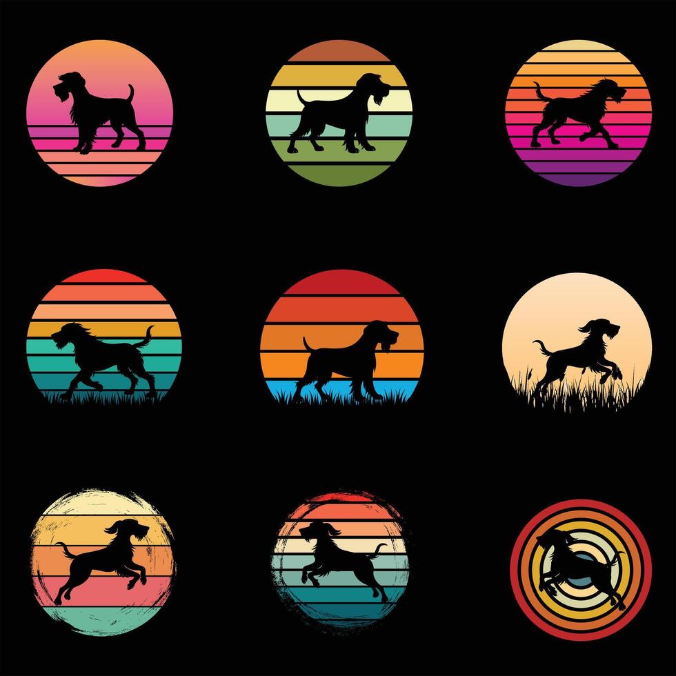 Set of Spinone Italiano Dog Silhouette in a Dreamy Sunset Retro Setting vector