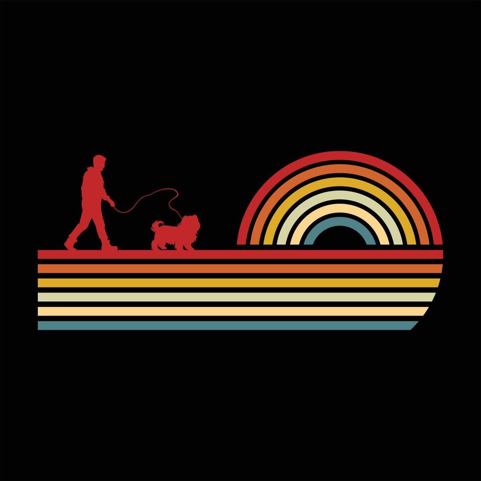 Retro Vintage Sunset with Lhasa Apso Dog Silhouette Art vector