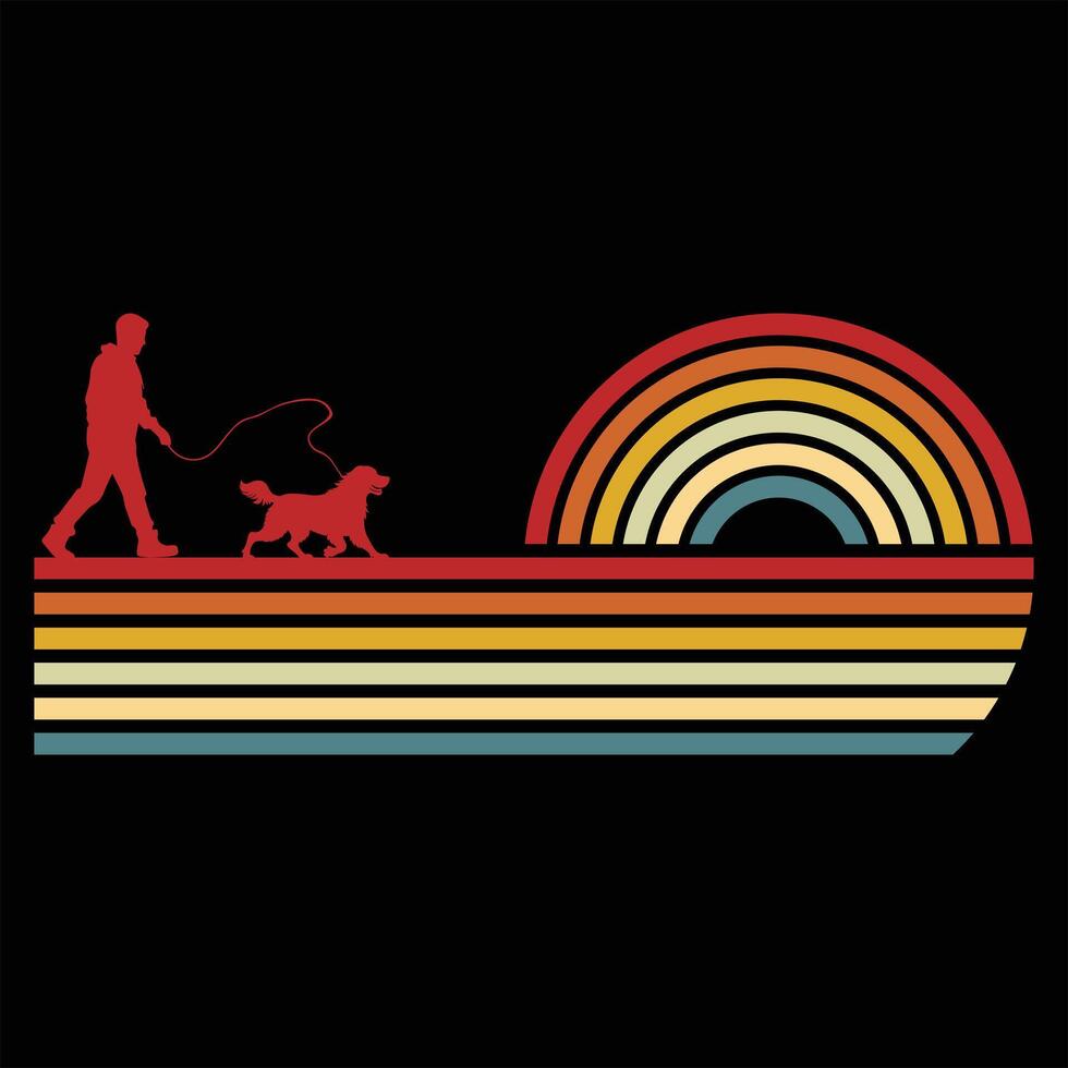 Retro Sunset Illustration Featuring Clumber Spaniel Silhouette vector