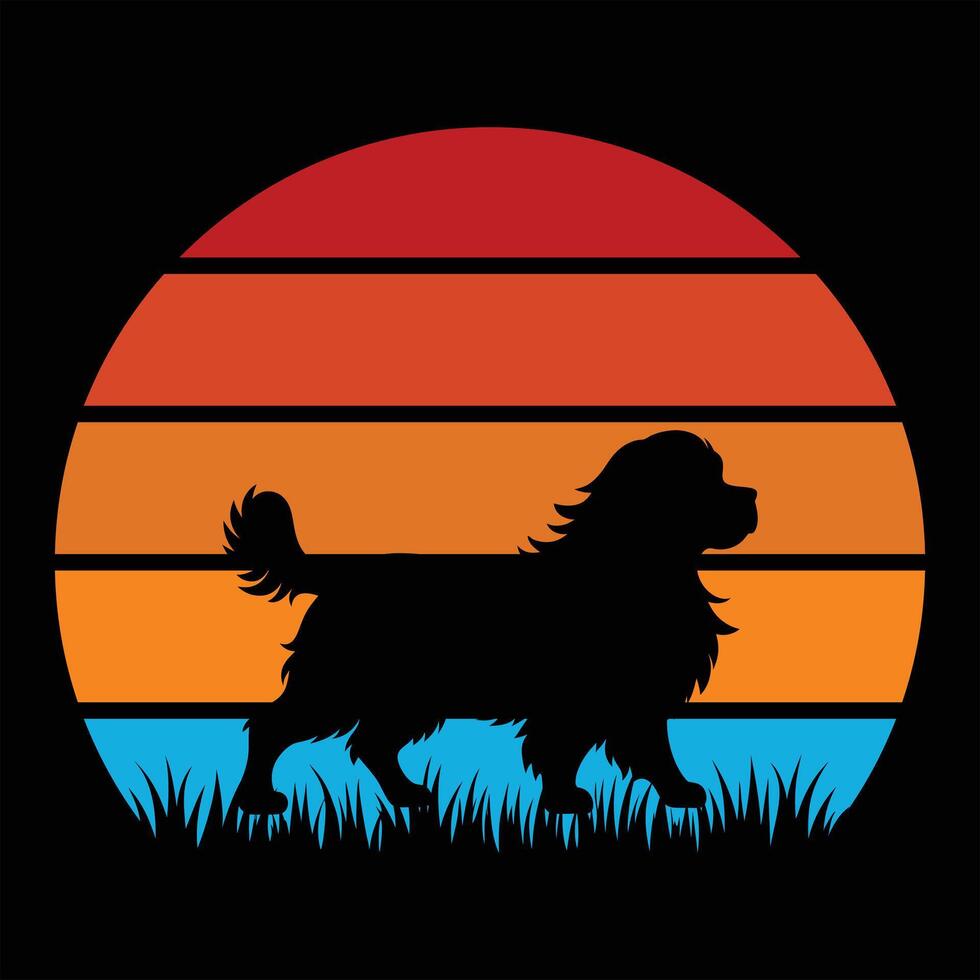 Wirehaired Pointing Griffon Dog Silhouette Retro Sunset Illustration Classic Design vector