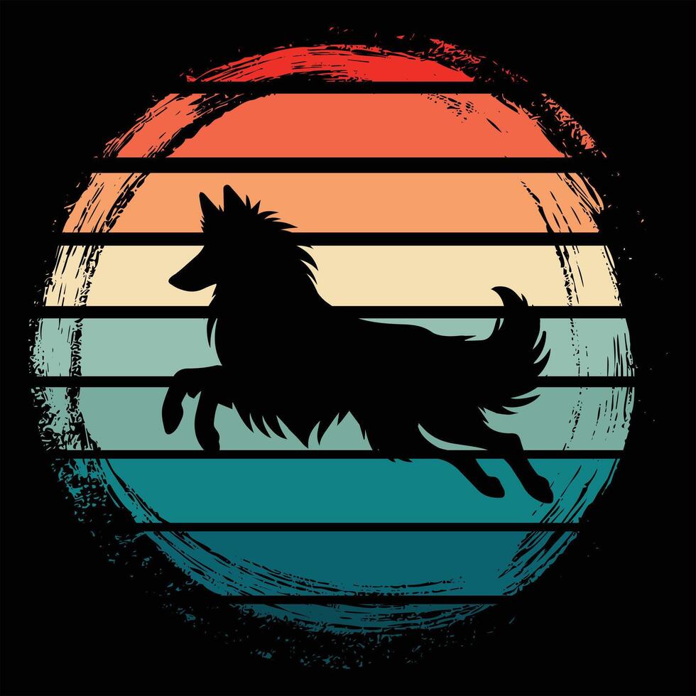 Sunset Retro Illustration With Belgian Shepherd Silhouette vector