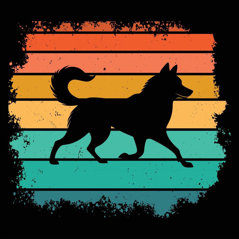 Norwegian Elkhound Dog in a Classic Retro Sunset Silhouette Scene vector